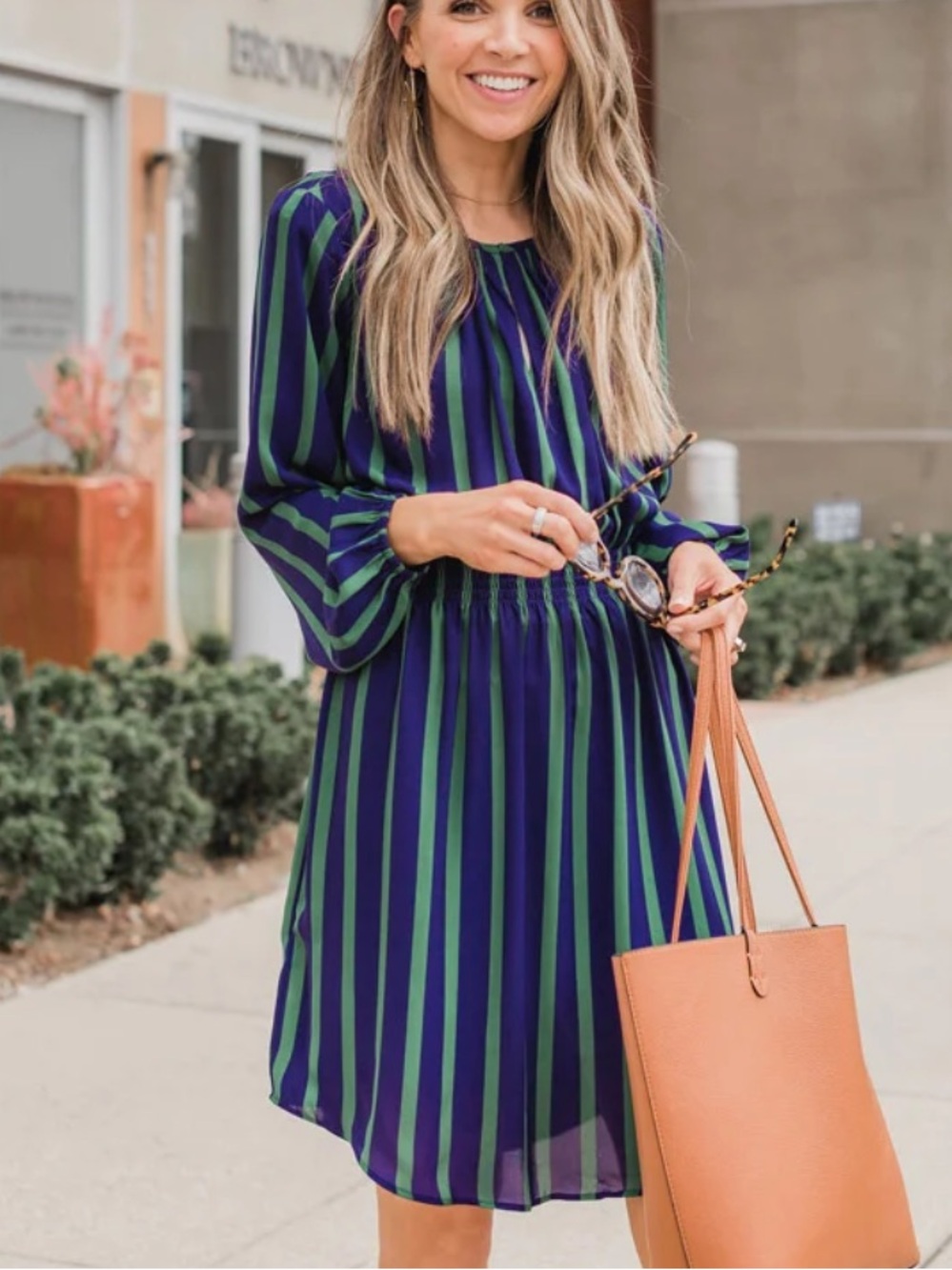 Ann Taylor Vertical Navy & Green Striped Blouson Sleeve Dress